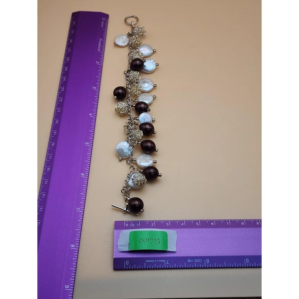Vtg GENUINE Coin Pearl & Brown Glass Bead Bracelet Silver Wire Balls FREE $HIP!!